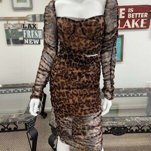 Leopard Mesh Ruched Midi Dress – Excellent Condition